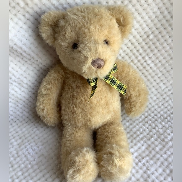 GUND Golden Honey Coloured Plush Bear Yellow Black Checkered Bow Stuffed Animal - Picture 1 of 12